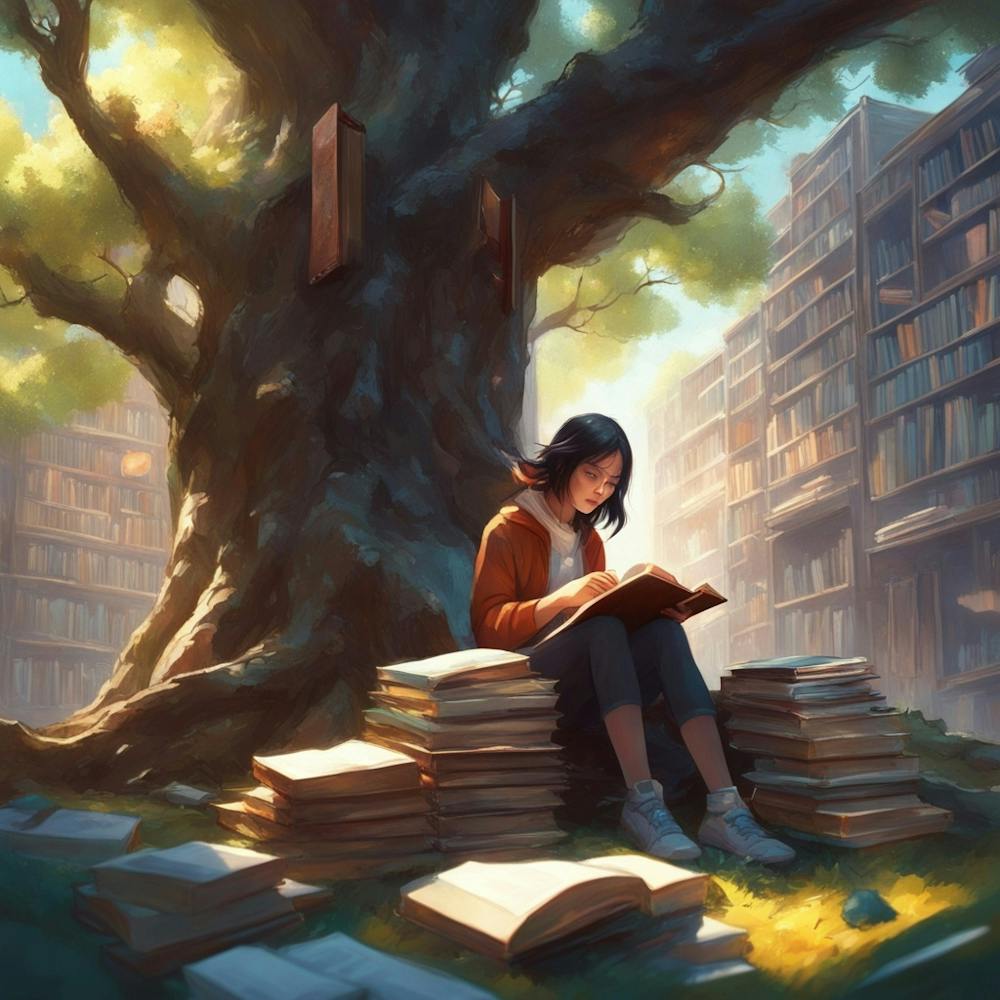 Girl Reading A Book in a tree library