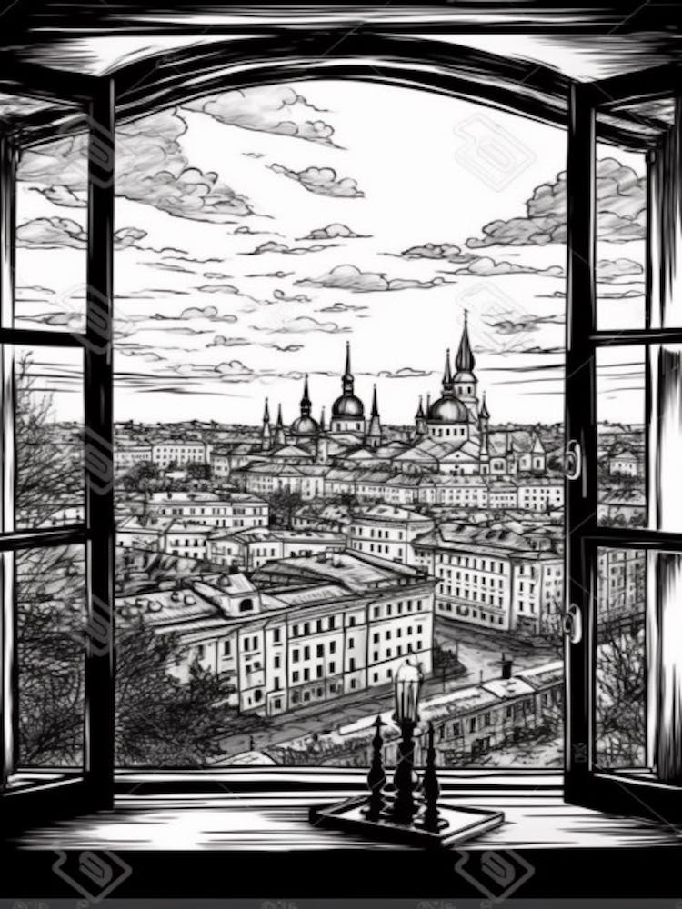 Window View Of Moscow Russia   Black And White Colouring Pages Line Art 3