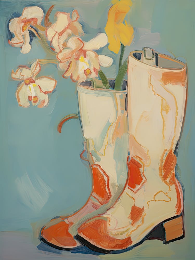 Painting Of White Flowers And Cowboy Boots, Oil Style 4