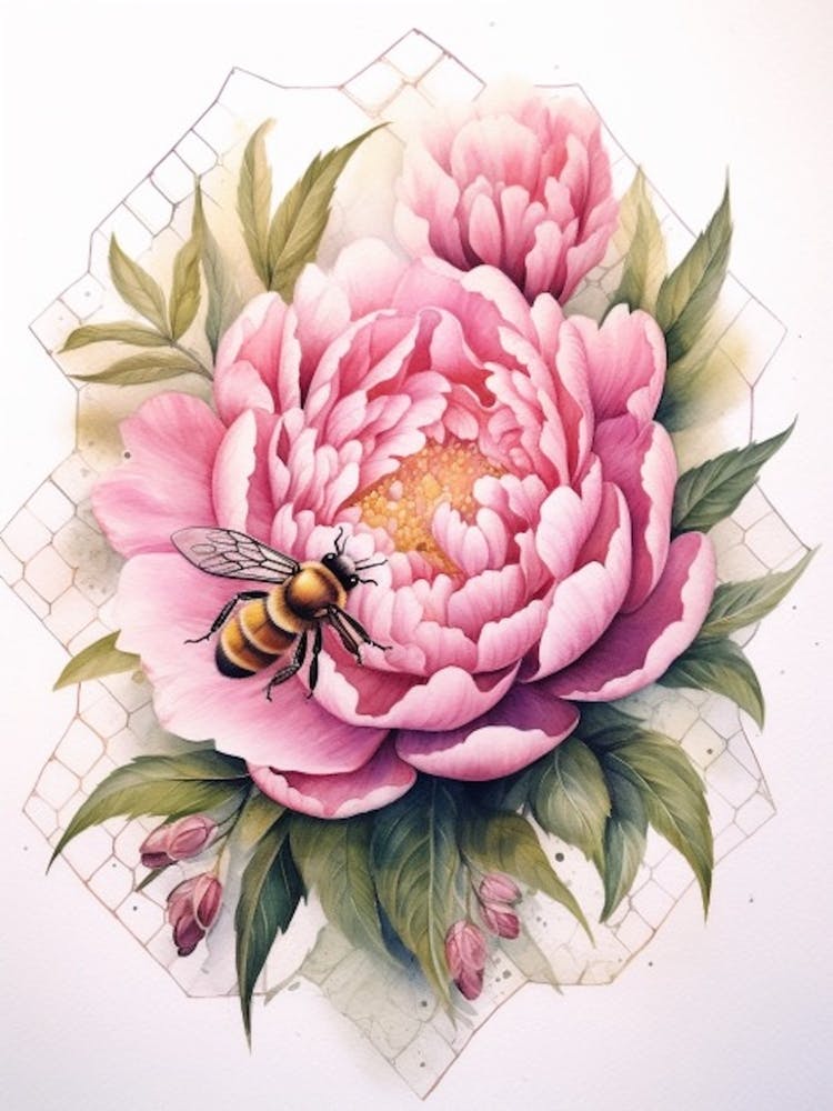 Ruche avec Pivoine Illustration à l'Aquarelle 2
