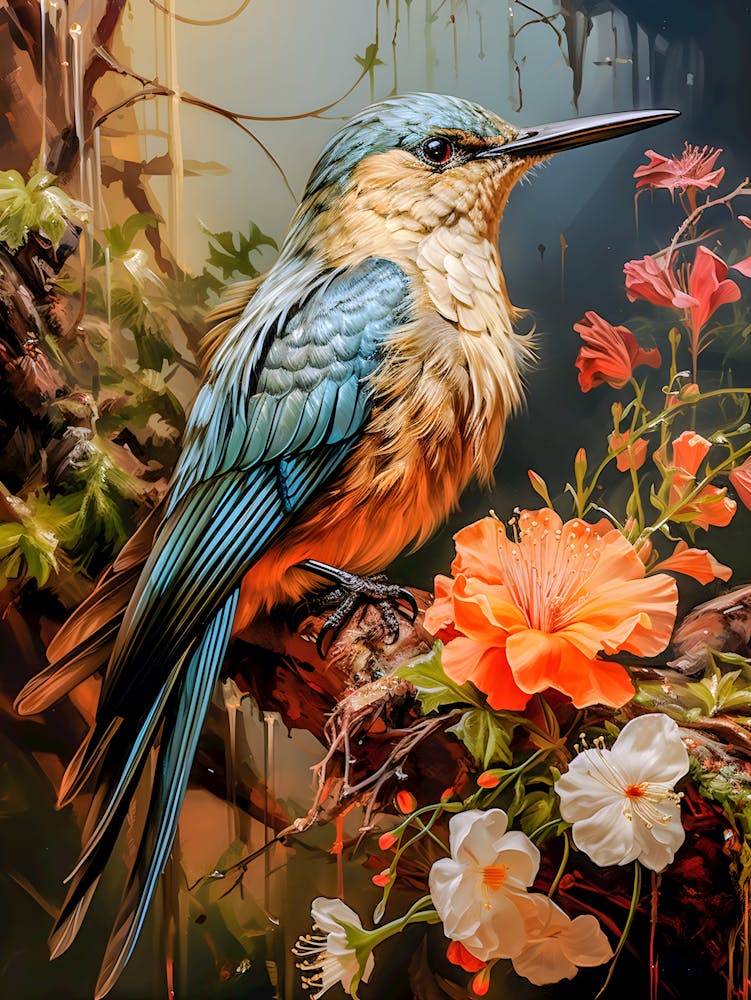 Radiant Wings: Vibrant Bird Among Blossoms | Fine