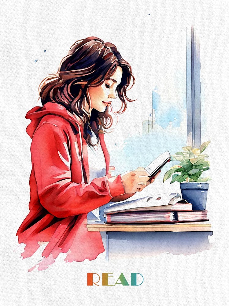 Watercolor Girl Reading a Book