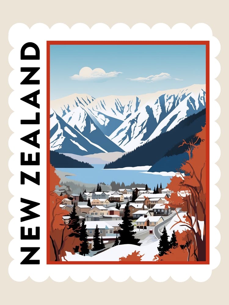 Retro Winter Stamp Poster Queenstown New Zealand 2