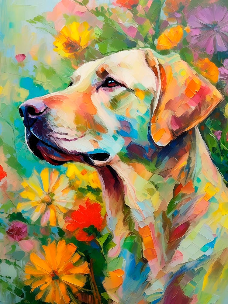 Thoughtful Labrador With Lush Flowers