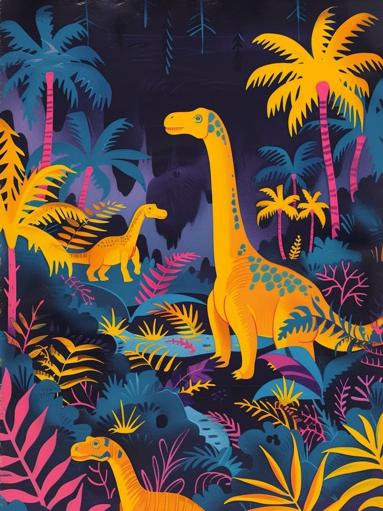 Mustard Dinosaurs In A Tropical Landscape
