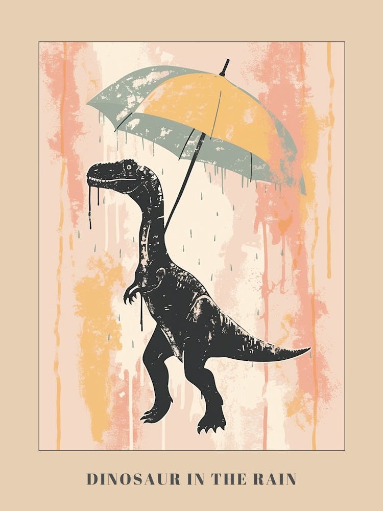 Dinosaur In The Rain Holding An Umbrella 2 Poster