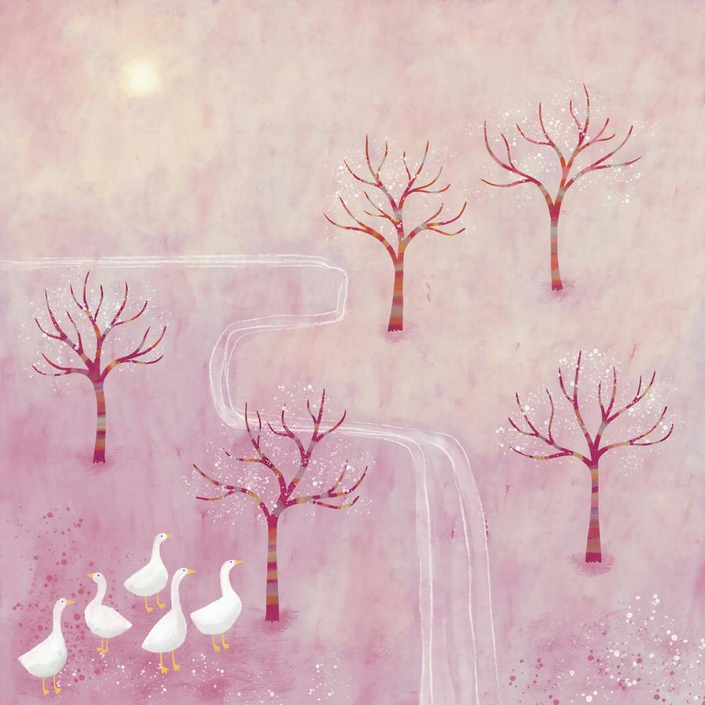 Geese in the Orchard Pink Landscape