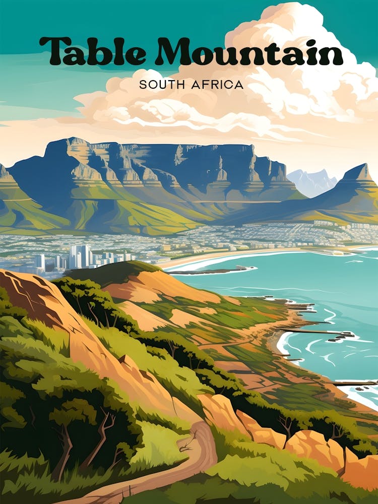 Table Mountain South Africa Landscape Travel Art Illustration