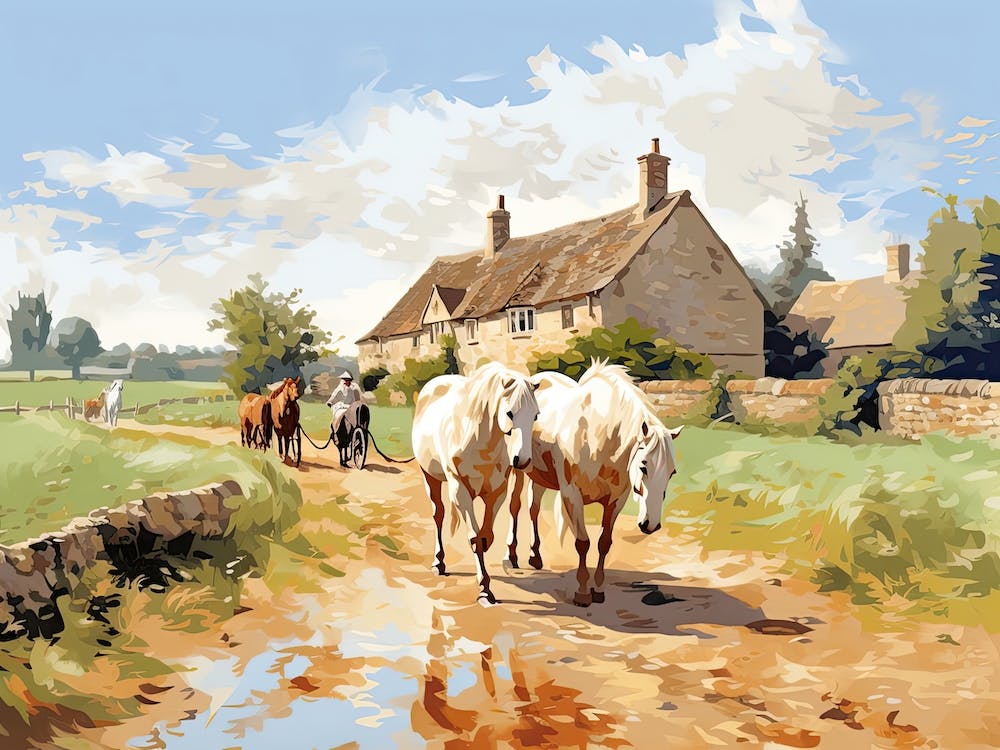Horses Painting In Cotswolds, England, Landscape 4