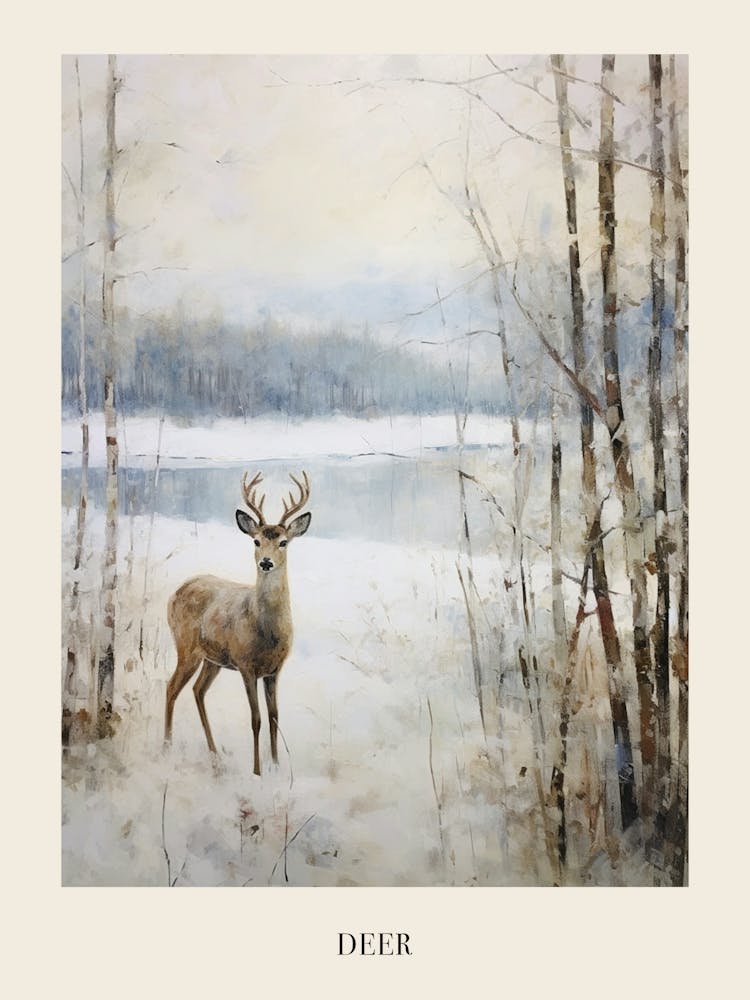 Vintage Winter Animal Painting Poster Deer 2