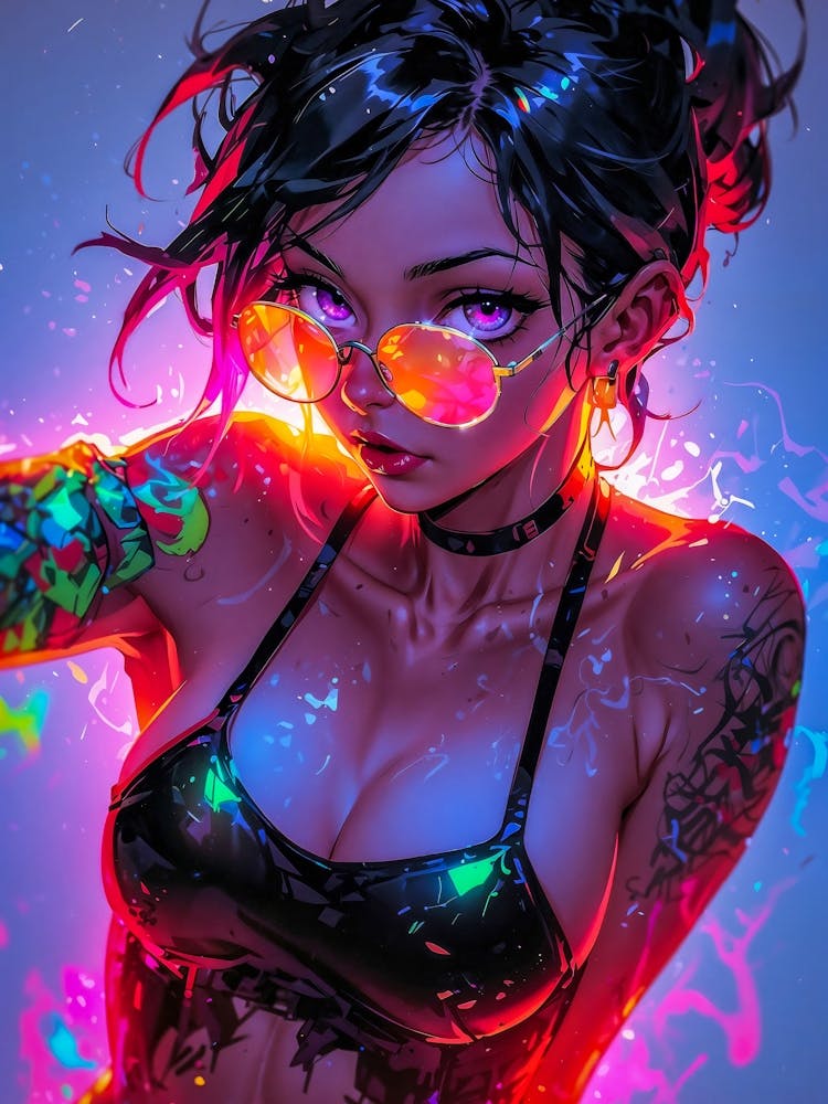 Sexy girl with sunglasses, big eyes, and crazy charm. Neon anime girl, cute manga waifu with tattoos. A beautiful cyberpunk girl, boasting a sexy body and captivating presence.