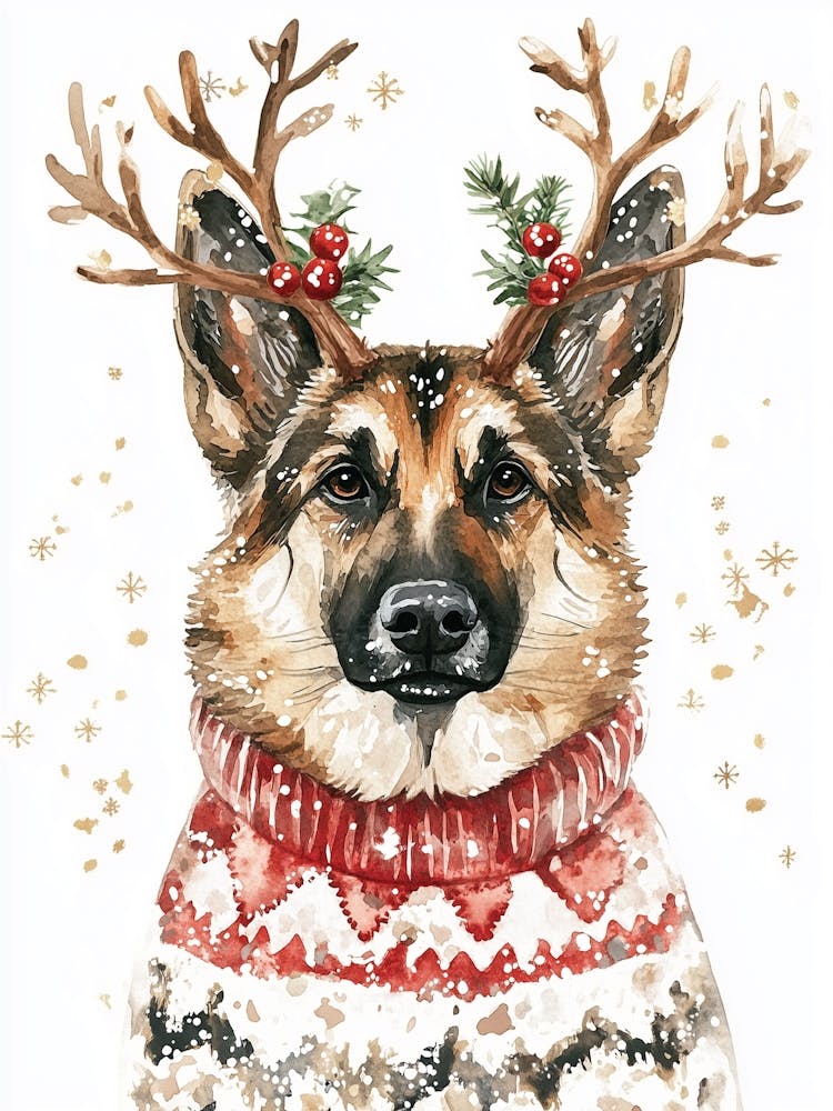 German Shepherd In Christmas Jumper And Reindeer Antlers Neutral