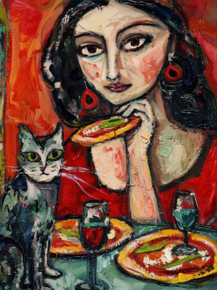 Portrait Of A Woman With Cats Eating Pizza 4
