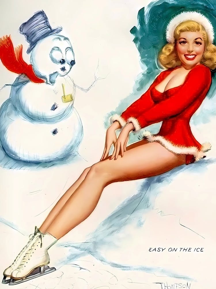 Pinup Ice Skating Girl with Amazed Snowman