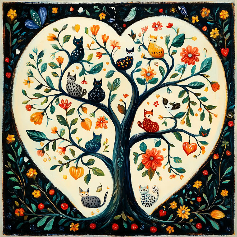Folk Art Heart Tree Cat Climbing Artwork 1