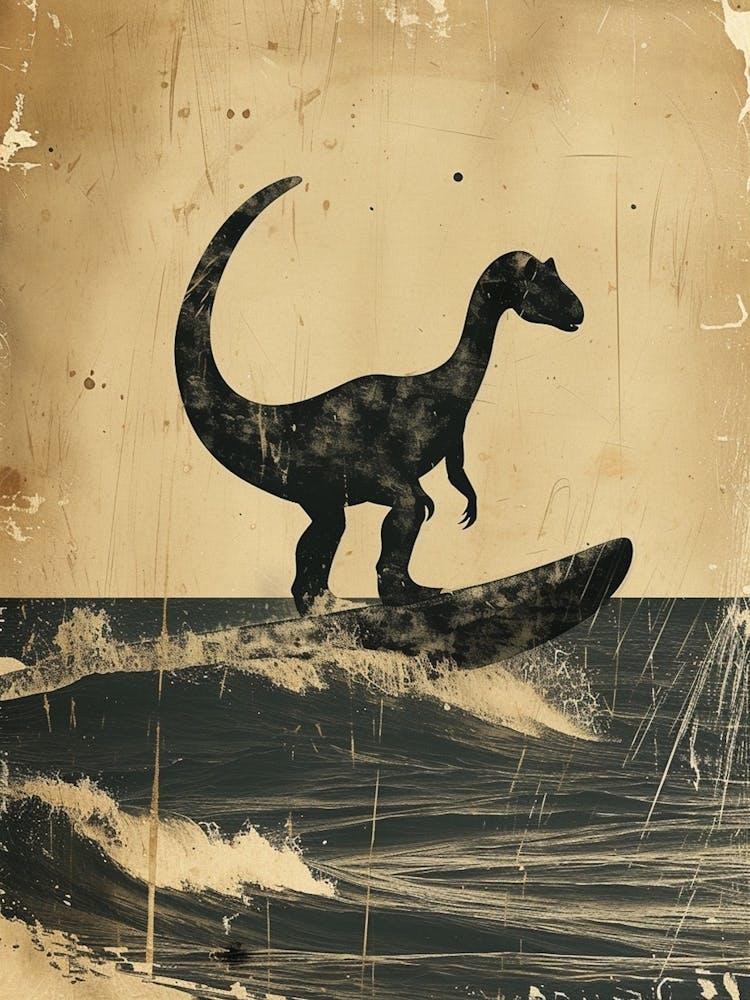 Vintage Diplodocus Dinosaur On A Surf Board 1