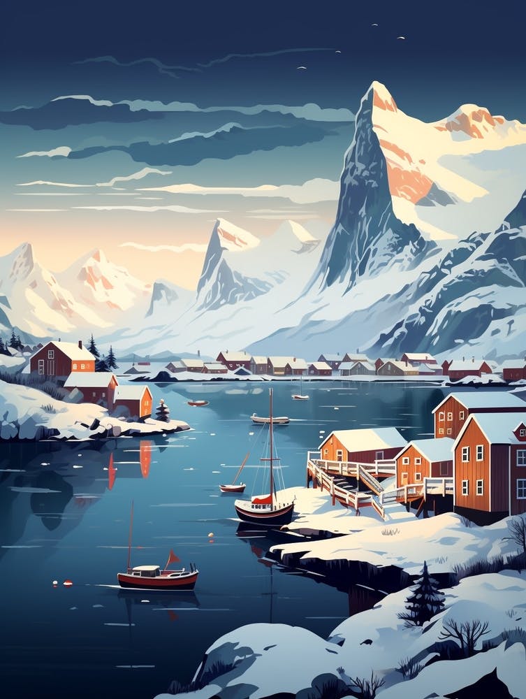 Winter Travel Night Illustration Lofoten Islands Norway 2