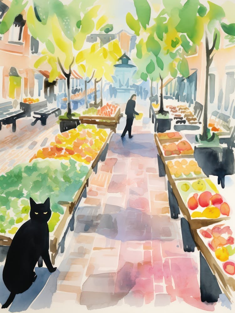 Food Market With Cats In Copenhagen 1 Watercolour