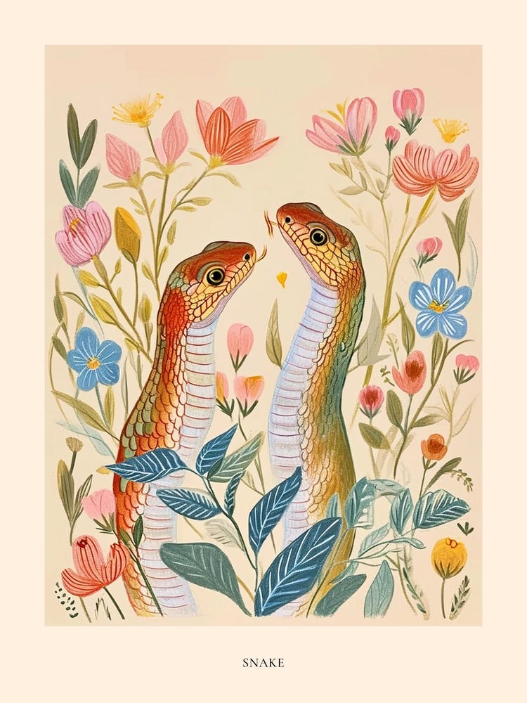 Folksy Floral Animal Drawing Snake Poster