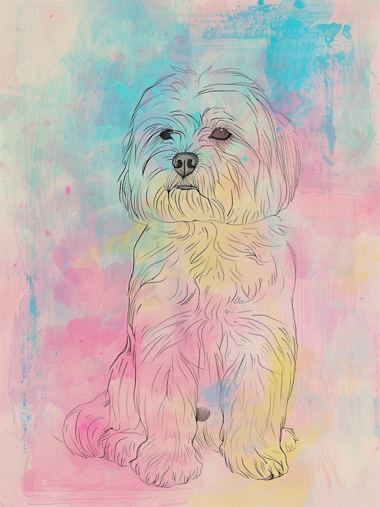 Coton De Tulear Dog Pastel Line Watercolour Illustration  2