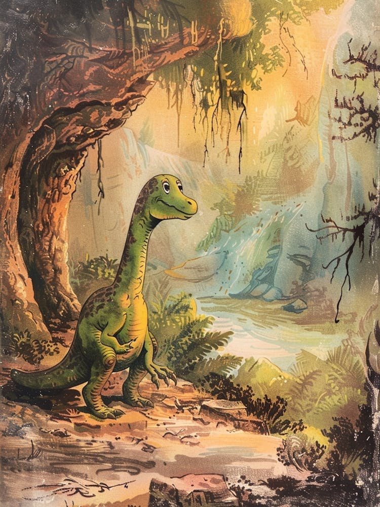 Vintage Dinosaur Cartoon In A Cave 2