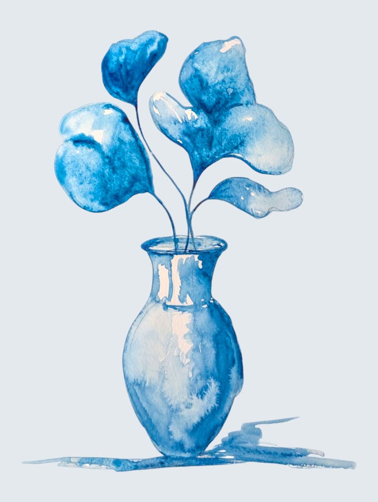 Blue flowers in vase watercolour illustration painting