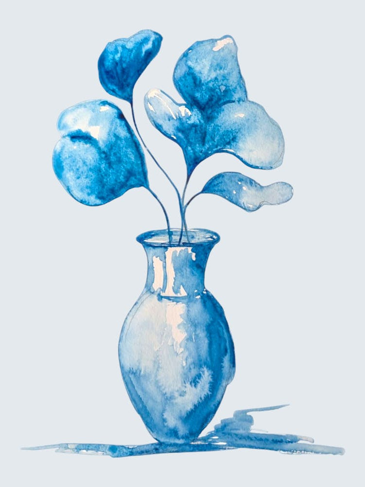 Blue flowers in vase watercolour illustration painting