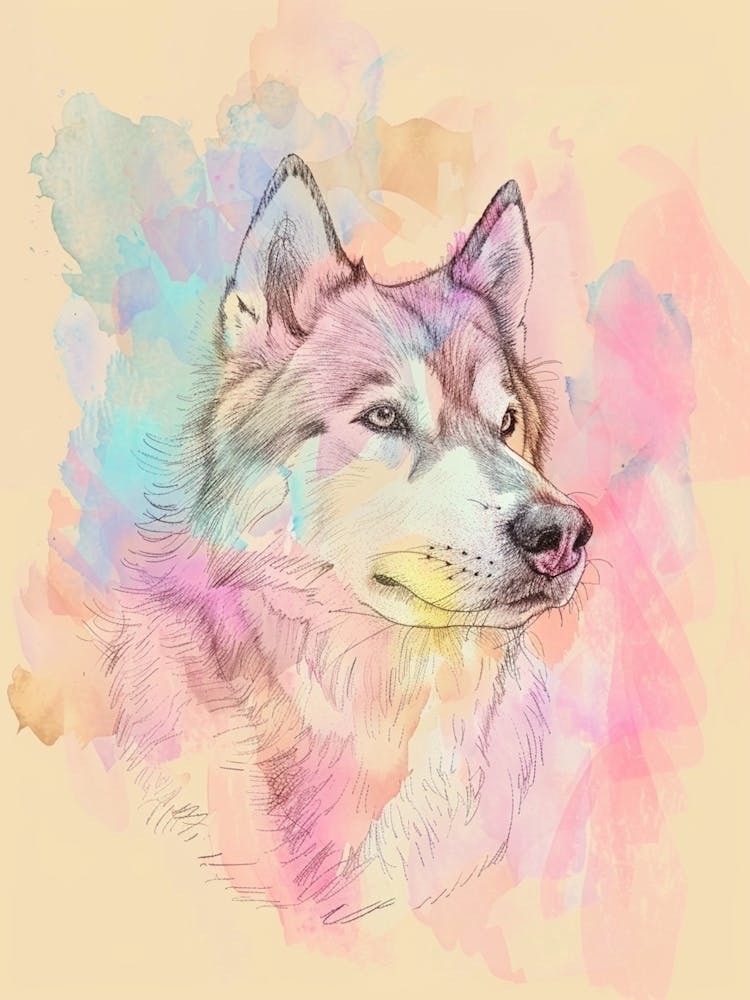 Alaskan Malamute Pastel Line Watercolour Illustration  4