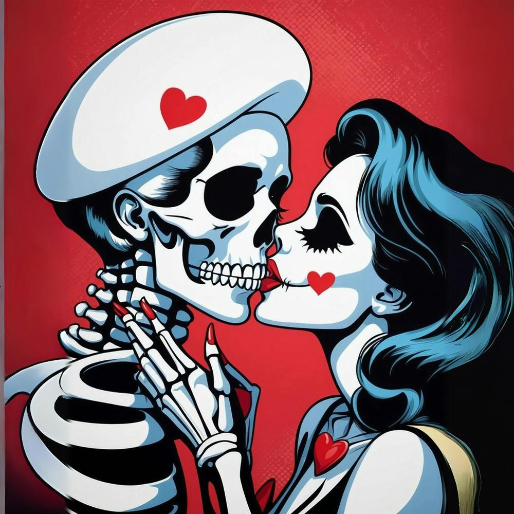 Lustiges Retro Skelett Kuss Frau Valentins-Comic-Poster