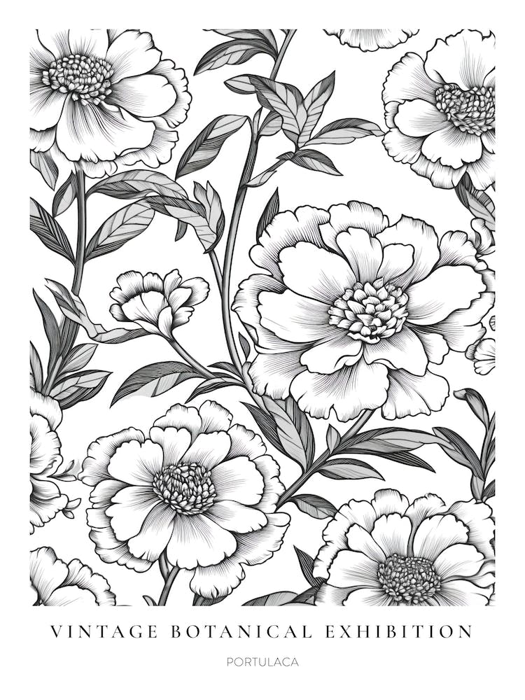 Portulaca B&W Vintage Botanical Poster