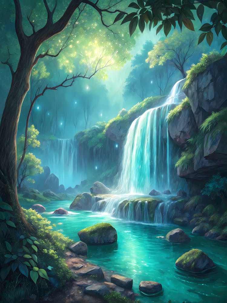 Enchanted Emerald Falls Magical Forest Waterfall Landscape