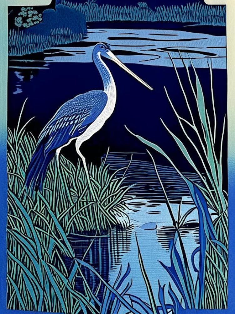Blue Heron On Pond Vintage Linocut 1