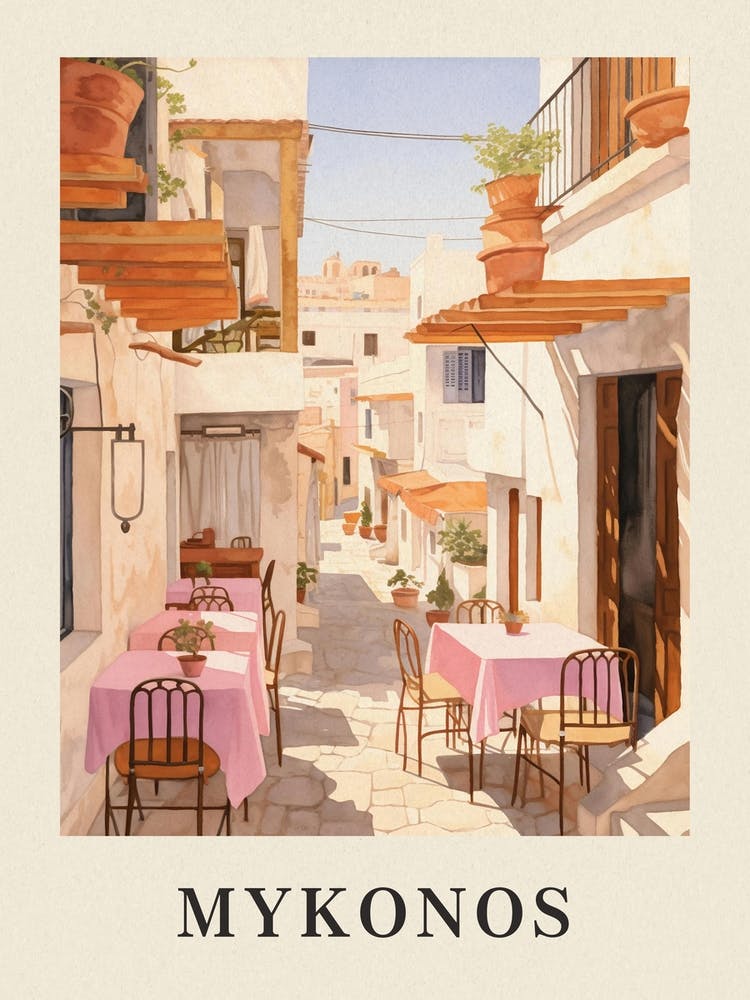 Mykonos Greece 2 Vintage Pink Travel Illustration Poster