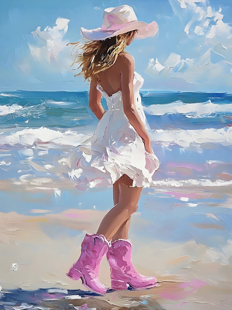 Girl In Pink Boots On The Beach