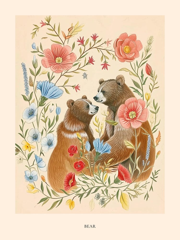 Folksy Floral Animal Drawing Bear 4 Poster