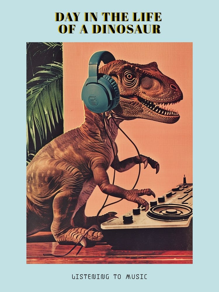 Retro Collage Dinosaur Listening To Music With Headphones 4 Poster