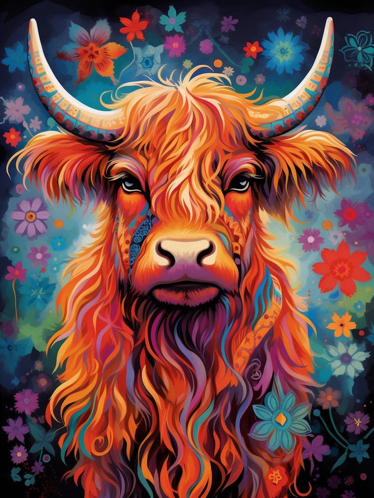 Floral Digital Painting Of Highland Cow
