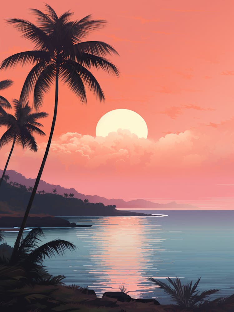 Illustration Of Half Moon Bay Antigua In Pink Tones 3