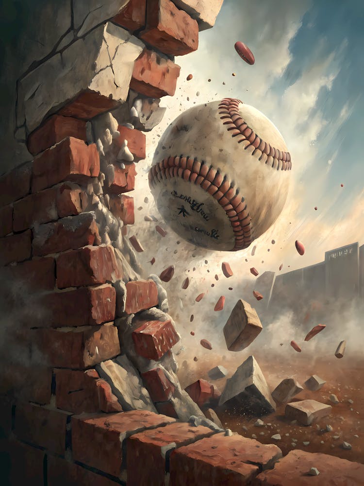A Baseball Flying Through a Shattered Wall Oil Painting Style