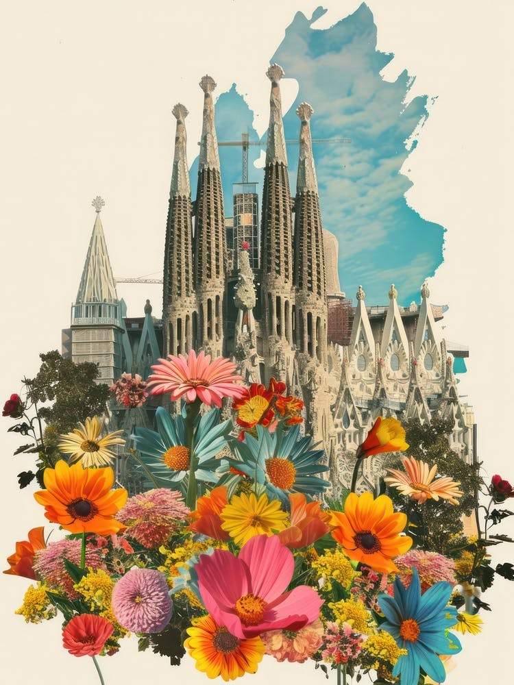 Barcelona Blumen Retro Collage Stil 1