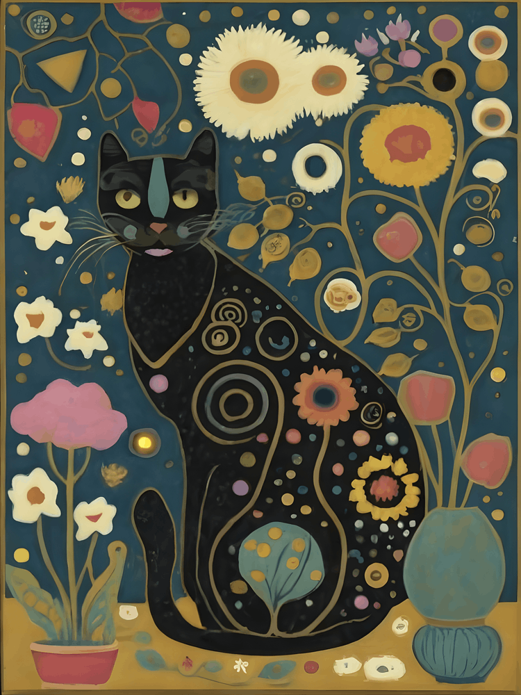 Black Cat With Flowers In The Garden