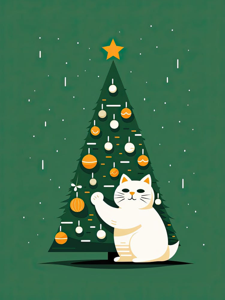 Christmas Tree and White Cat