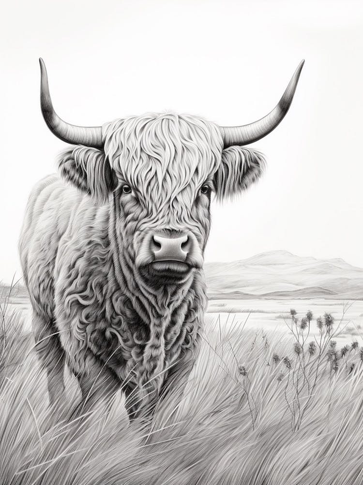 Black & White Illustration Of Highland Cow With Long Grass
