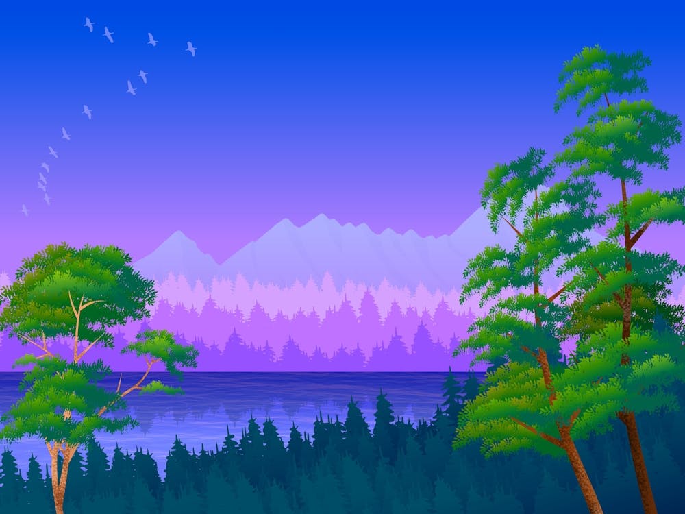 Landschaftsillustration Natur Himmel Dämmerung Bäume Wald Blau Lila Grün Wasser See
