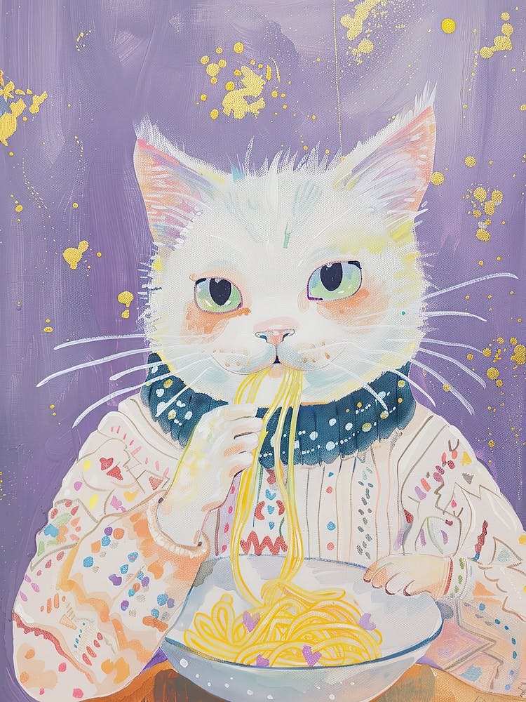 White Cat Pasta Lover Folk Illustration 4