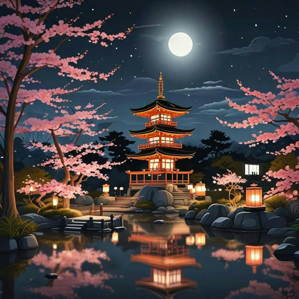 Japenese Pagoda Landscape With Moon (1)