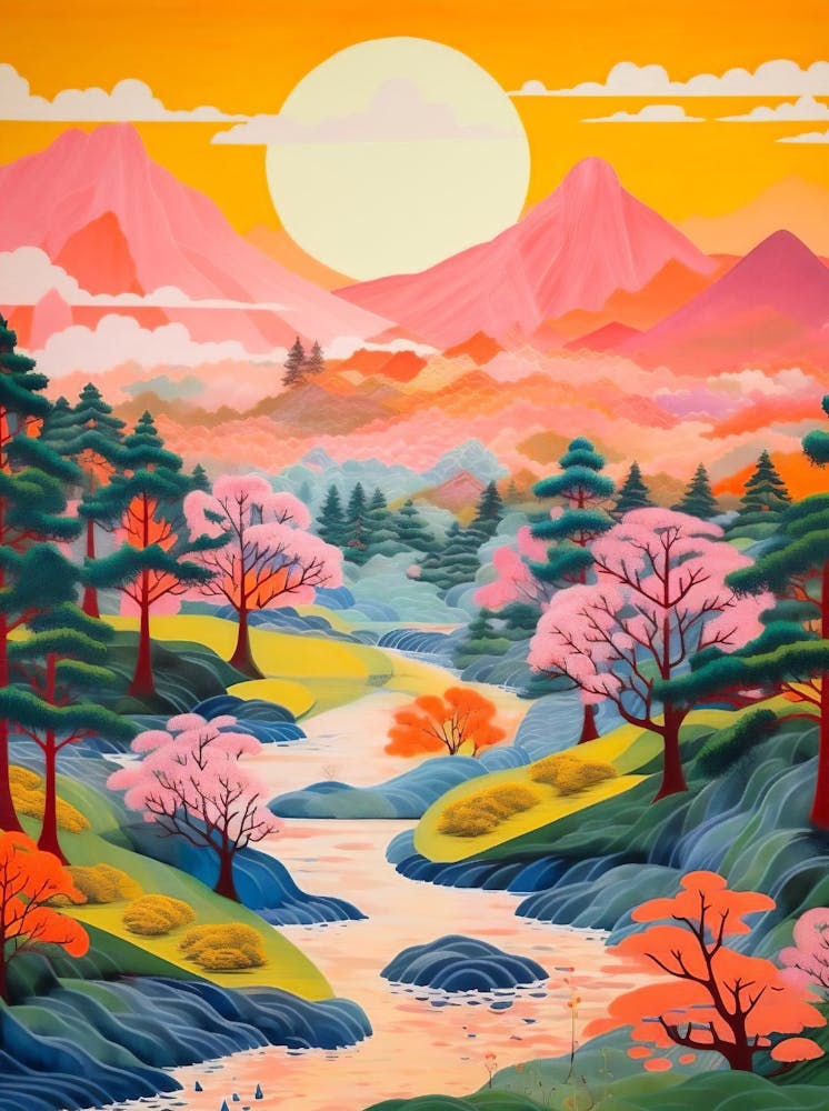 Japanese Landscape Art Poster, Japanese Wall Art, Colorful Landscape, Japanese Wall Art, Living Room Decor