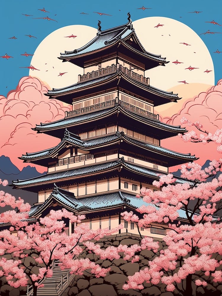 Matsumoto Castle, Japan Vintage Travel Art 3