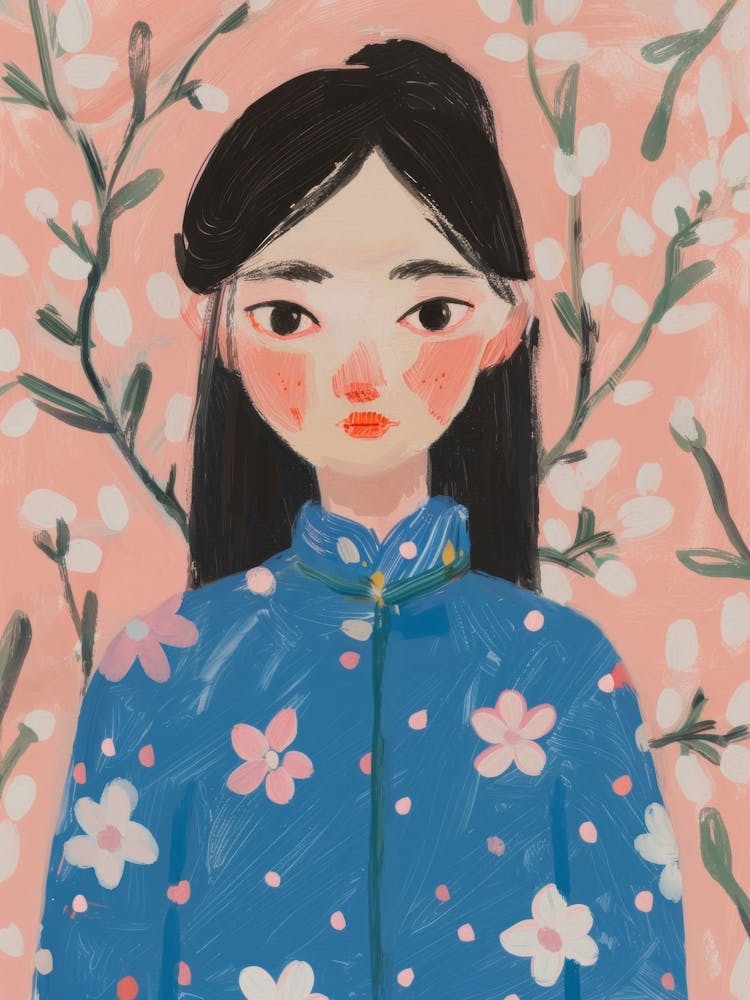 Asian Girl in Blue Dress with Floral Pattern