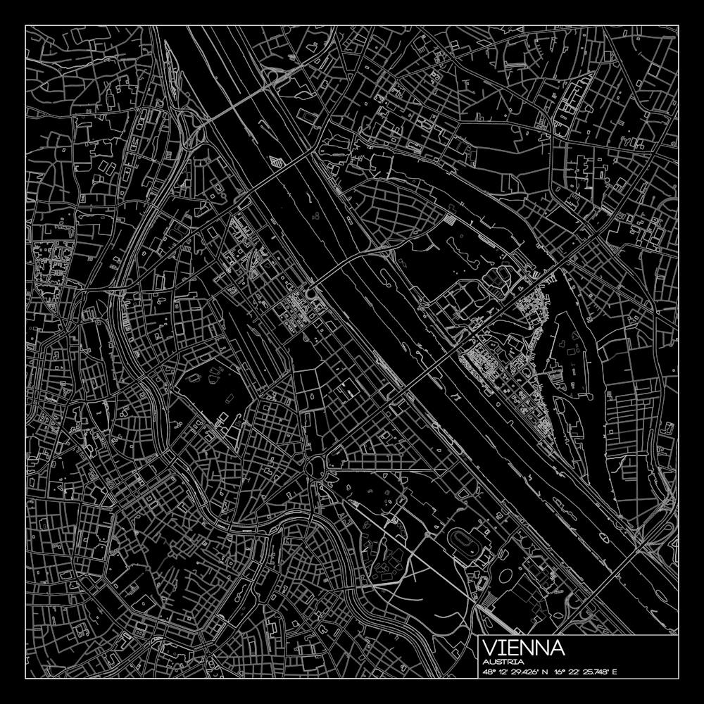 Vienna Austria city map white on black blueprint design
